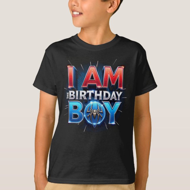 Spindelnät Birthday Boy Shirt - Superhjälte Party T Shirt (Framsida)