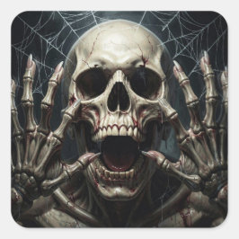 Spindelnät, Döskalle och Ben Kuslig Halloween Fyrkantigt Klistermärke