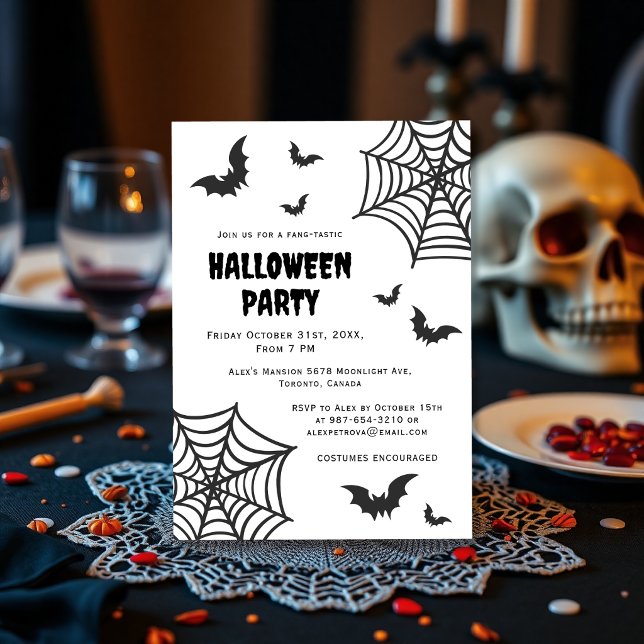 Spindelnät Fladdermus Kuslig Svart Vit Halloweenfe Inbjudningar (Skapare uppladdad)