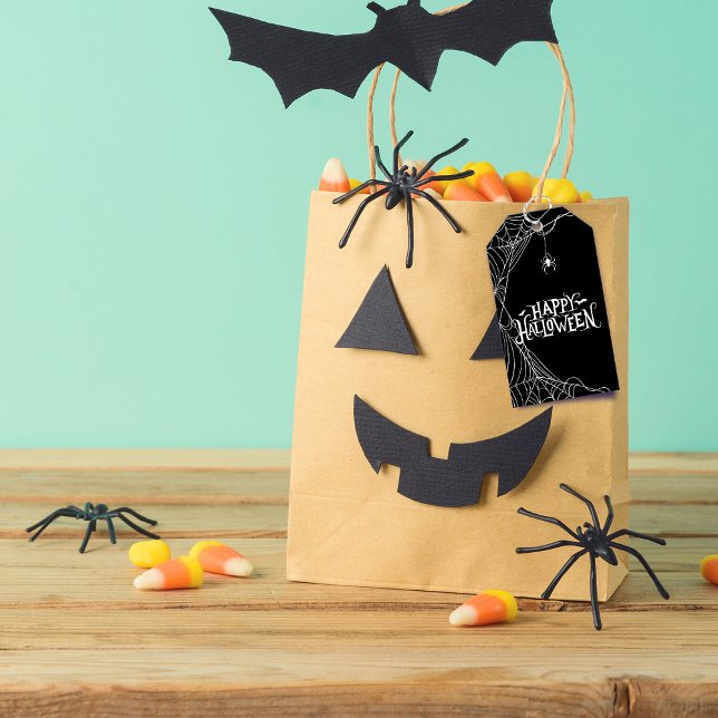 Spindelnät Glad Halloween Personlig Tack Presentetikett (Black and White Happy Halloween Thank You Gift Tags)