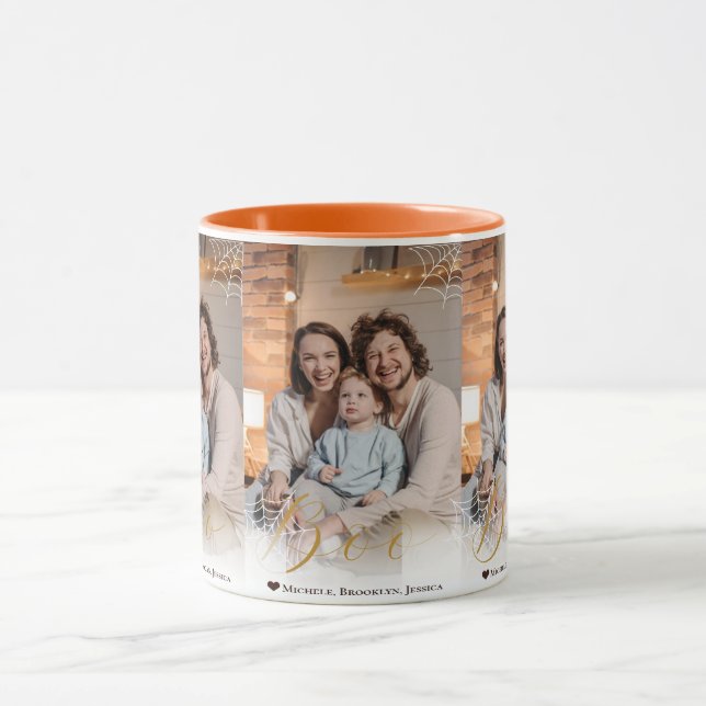 Spindelnät Hand-Lettered Boo Halloween Photo Mugg (Center)