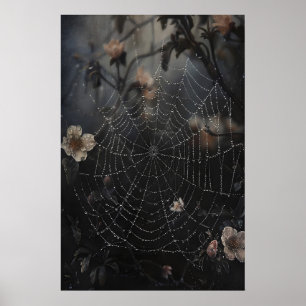 Spindelnät med dagg i tryck av mörk skog, blomma