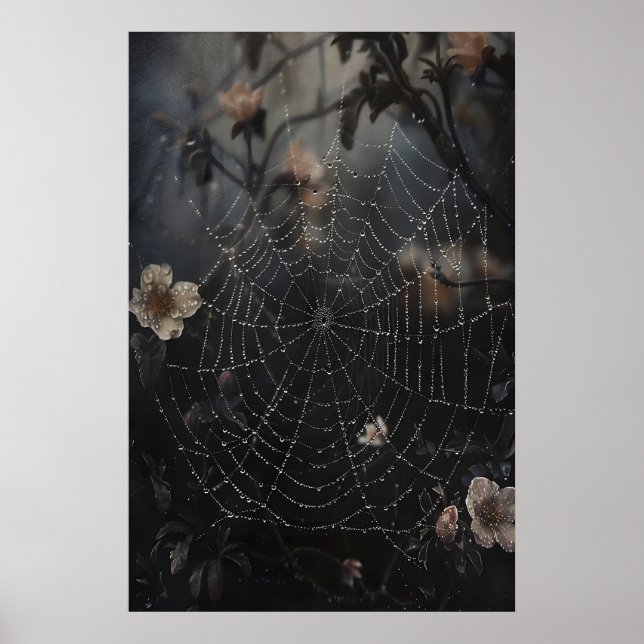 Spindelnät med dagg i tryck av mörk skog, blomma (Framsidan)