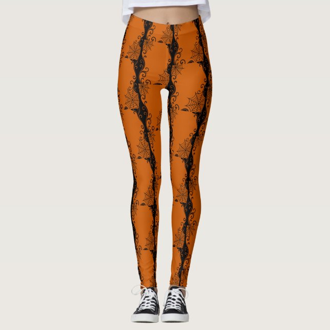 Spindelnät Ornament Orange Black halloween Leggings (Framsida)