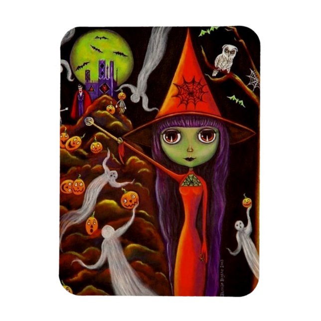 Spindelnät Witch Stort öga Girl Uggla Halloween Magnet (Vertikal)