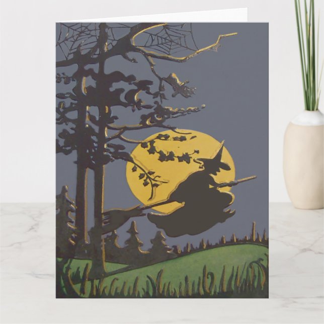 Spindelnätet Flies Witch Silhouette Full Moon Kort (Framsida)