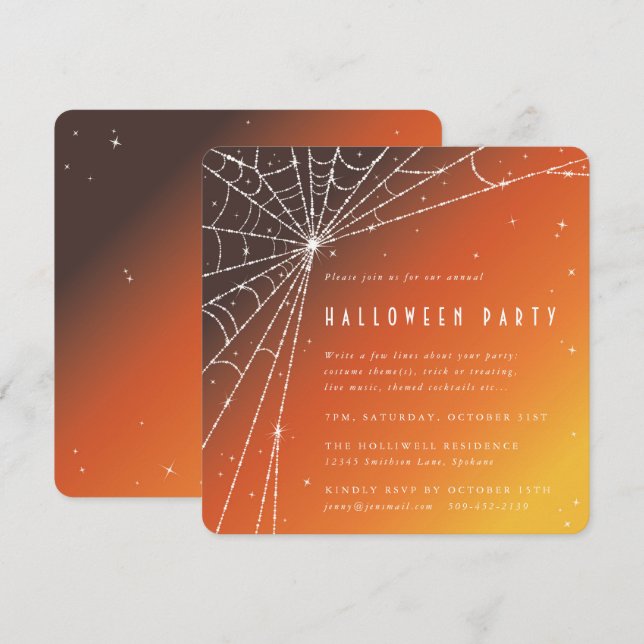 Spindelnätet Halloween fest i Orange med kvadratdi Inbjudningar (Fram/baksida)