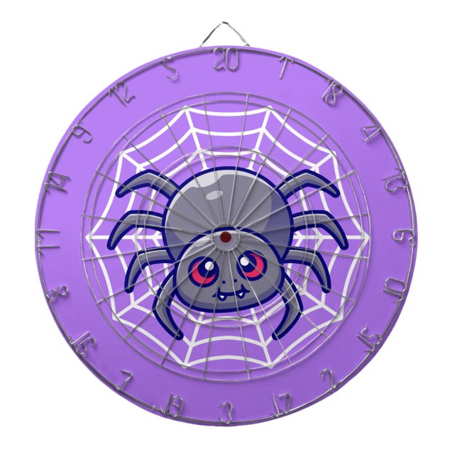 Spindelnäts Dart Board Darttavla (A playful animated spider spins in its web on a vibrant purple background. )