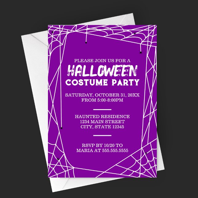 Spindelnäts Halloween-festlig inbjudan (Bright Purple Spiderweb Frame Halloween Costume Party Invitation)
