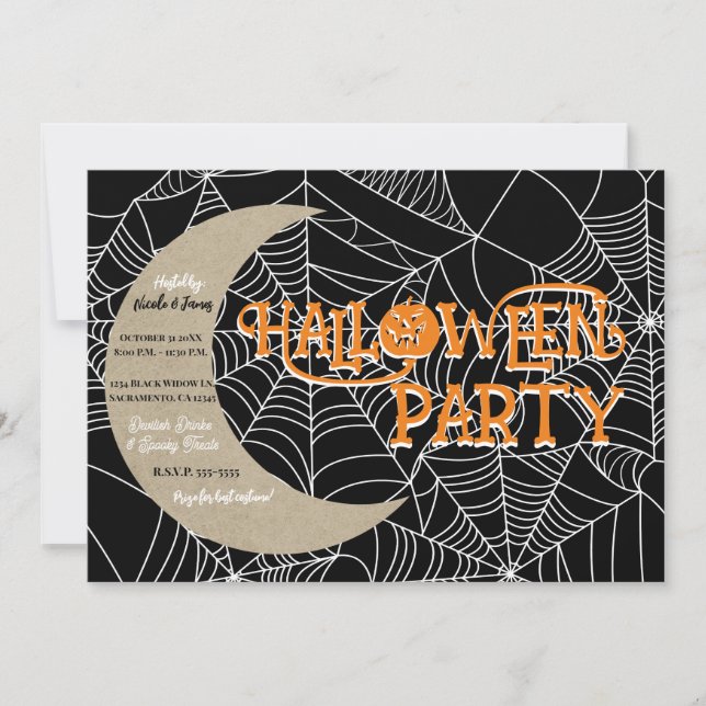 Spindelnäts halvmåne Halloween kostymfest Inbjudningar (Framsida)