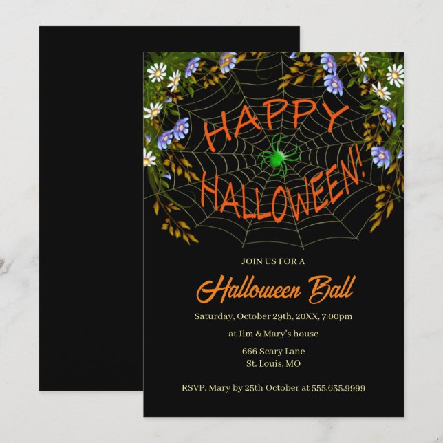 Spindelnätsblommig Halloweenfest Inbjudningar (Fram/baksida)