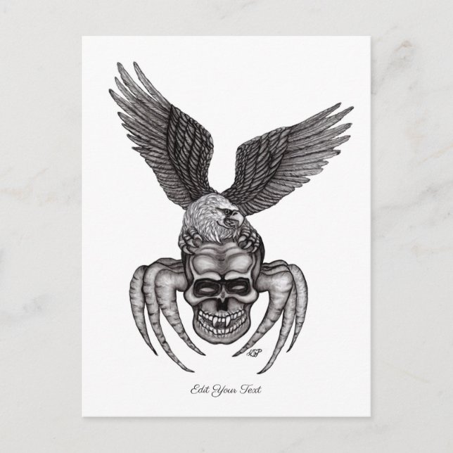 Spindelskalle med Eagle i Tattoo-stil Vykort (Framsida)