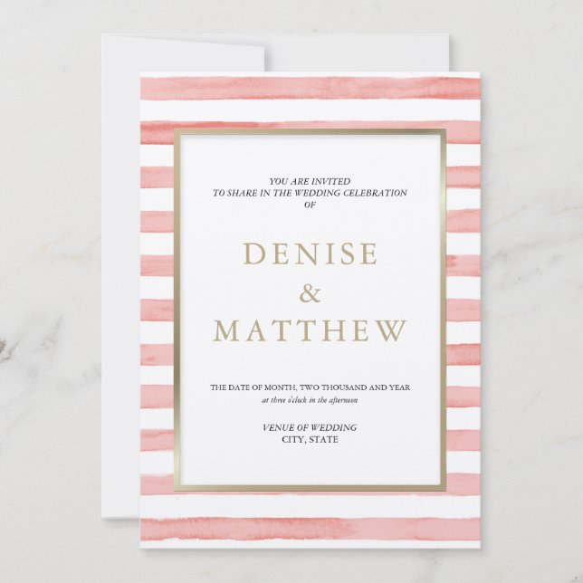 Spindelväv Rosa Vattenfärg Ränder & Guld Bokstäver Inbjudningar (Framsida)