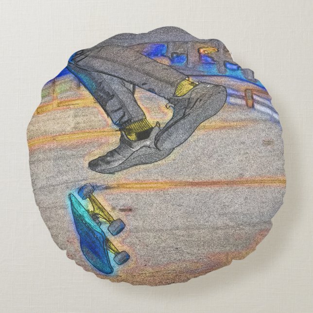 Spinning av däcket - Skateboard Trick Rund Kudde (Baksidan)