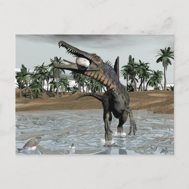 Spinosaurus dinosauaur äter fisk - 3D-rendering Vykort (Framsida)