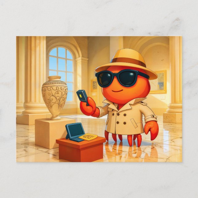 Spionkrabba analyserar data i museiutställning vykort (Framsida)