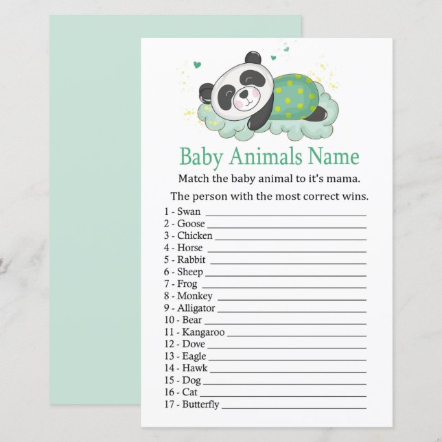 Spipanda Baby djur Namn Game (Fram/baksida)