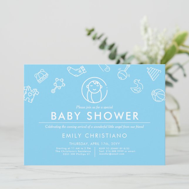 Spipande ängel | Minimal babystövel i fast blått Inbjudningar (Stående Fram)