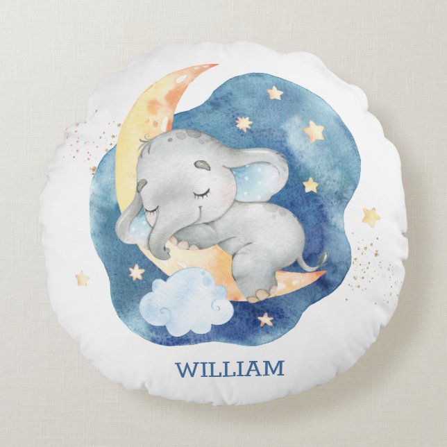 Spipande Baby Elephant Måne Stars Boy Nursery Rund Kudde (Framsidan)