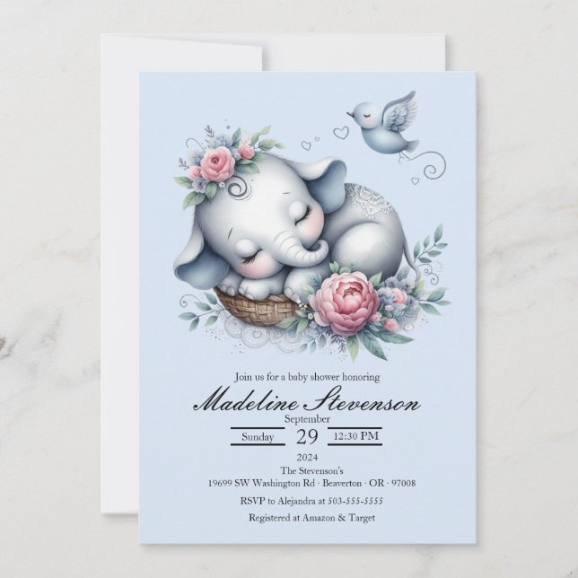 Spipande Baby Elephant Theter Baby Shower Inbjudningar (Framsida)