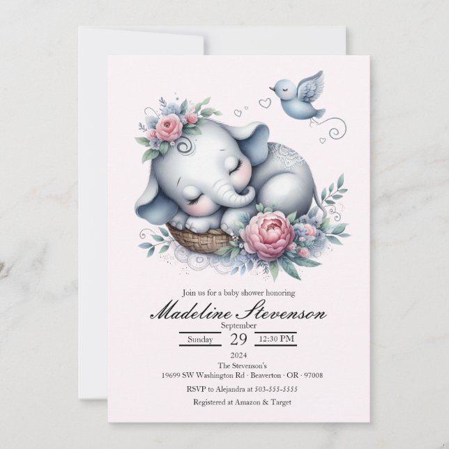 Spipande Baby Elephant Theter Baby Shower Inbjudningar (Framsida)