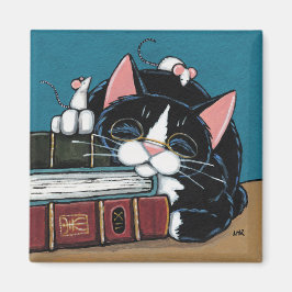 Spipande bokmask Tuxedo-katt- och mösmålning Magnet