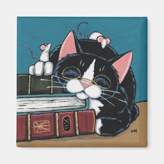 Spipande bokmask Tuxedo-katt- och mösmålning Magnet (Framsidan)
