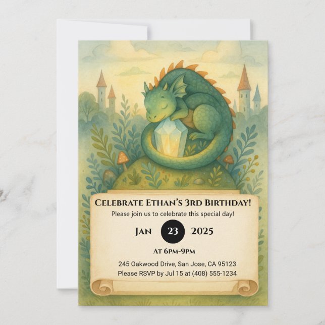 Spipande drake med Crystal i Fairytale Birthday Inbjudningar (Framsida)