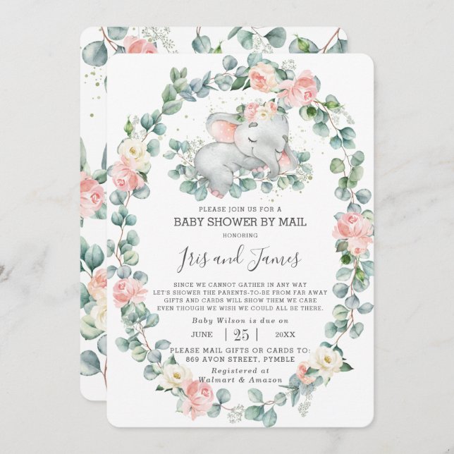 Spipande elefant Blommigt Baby Shower by Mail Girl Inbjudningar (Fram/baksida)