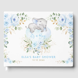 Spipande Elephant Blue Blommigt Boy Shower Gästböcker