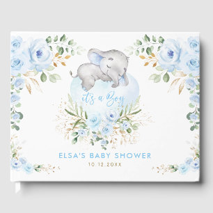 Spipande Elephant Blue Blommigt Boy Shower Gästböcker