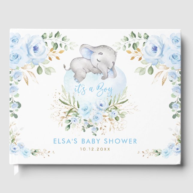 Spipande Elephant Blue Blommigt Boy Shower Gästböcker (Framsida)