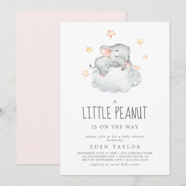 Spipande Elephant Girl Little Peanut Baby Shower Inbjudningar (Fram/baksida)