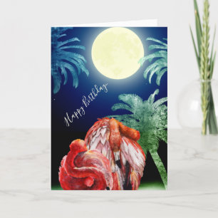 Spipande Flamingos och Full Moon Tropical Birthday Kort