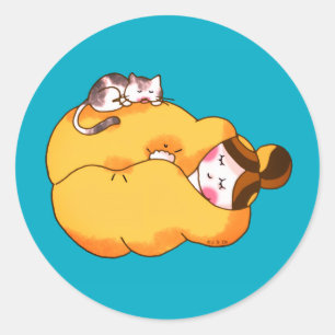 Spipande flicka med Mysigt katt Runt Klistermärke