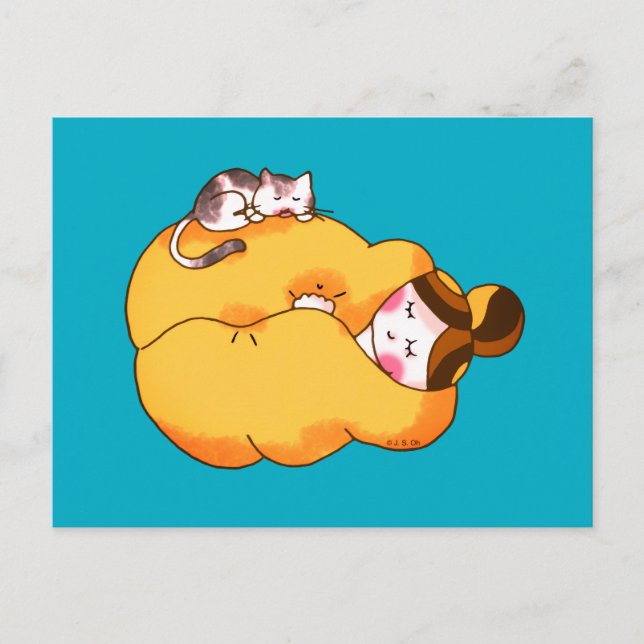 Spipande flicka med Mysigt katt Vykort (Framsida)