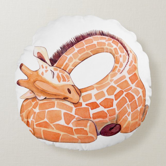 Spipande Giraffe: Gentle Watercolor Rund Kudde (Framsidan)