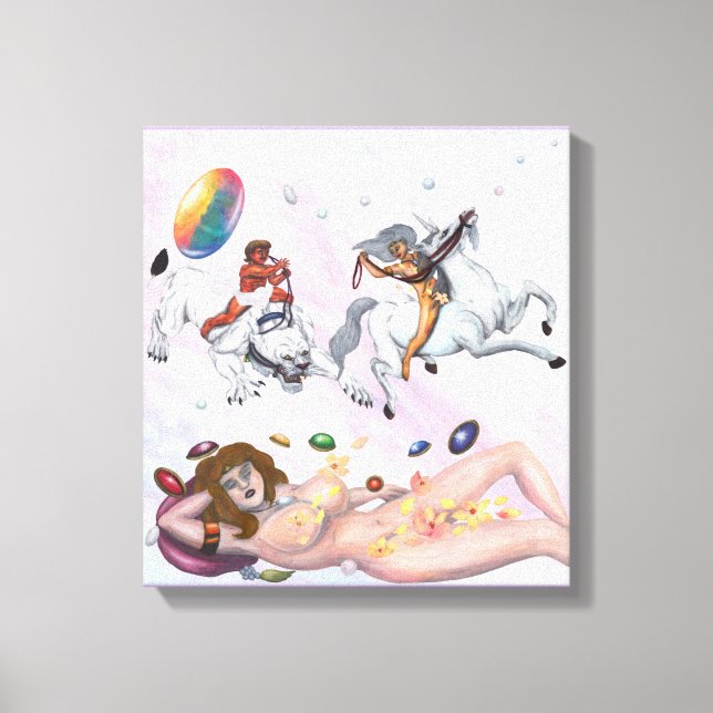 Spipande gudinna drömmer om Gud rider en Lioness Canvastryck (Framsida)