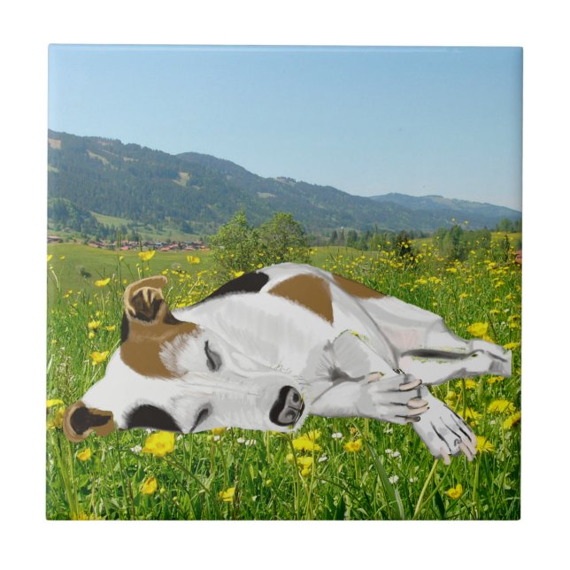 Spipande Jack Russell i en Flower Meadow Kakelplatta (Framsidan)