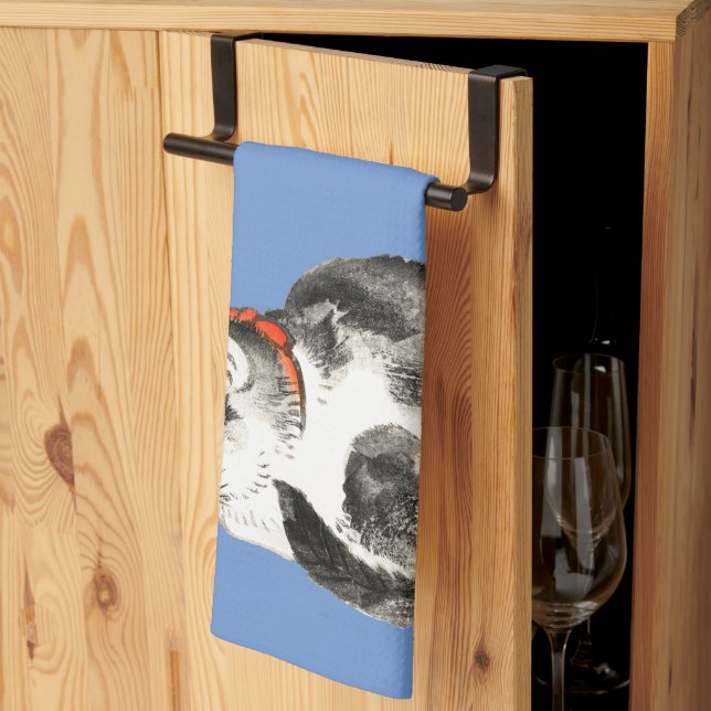 Spipande japansk katt, svart och vitt kökshandduk (Thirds Fold)