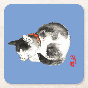 Spipande japansk katt, svart och vitt underlägg papper kvadrat