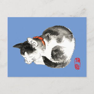 Spipande japansk katt, svart och vitt vykort
