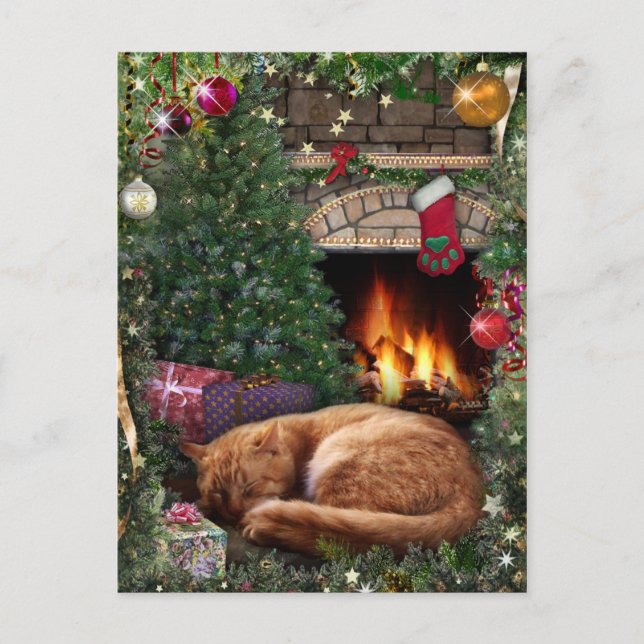 Spipande katt bredvid Fireplace på jul Helg Vykort (Framsida)