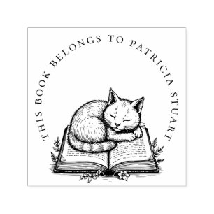 Spipande katt på Bok i cirkulär Namn Ex Libris Självfärgande Stämpel