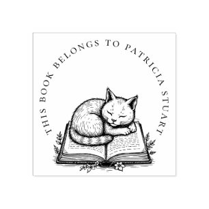 Spipande katt på Bok i cirkulär Namn Ex Libris Stämpel