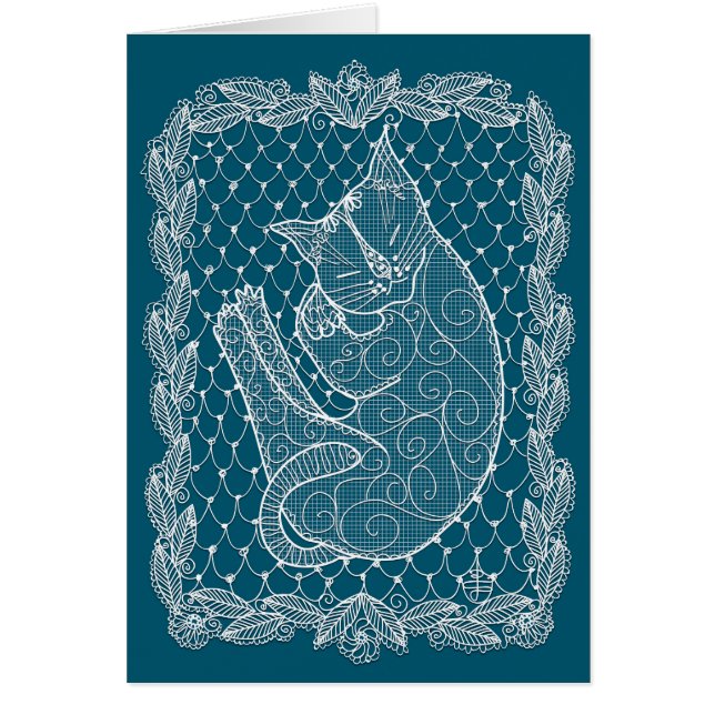 Spipande katt Snöre Doily (Havsblått, blank) Hälsningskort (Framsidan)