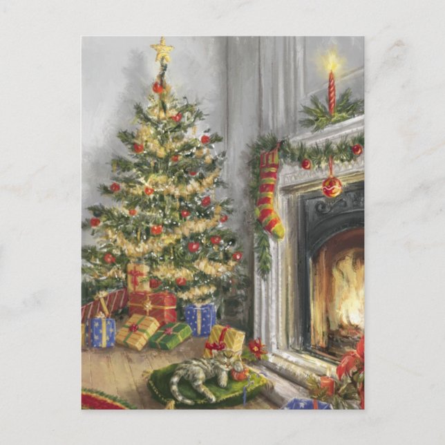 Spipande Kattunge vid julgran Helg Vykort (Framsida)