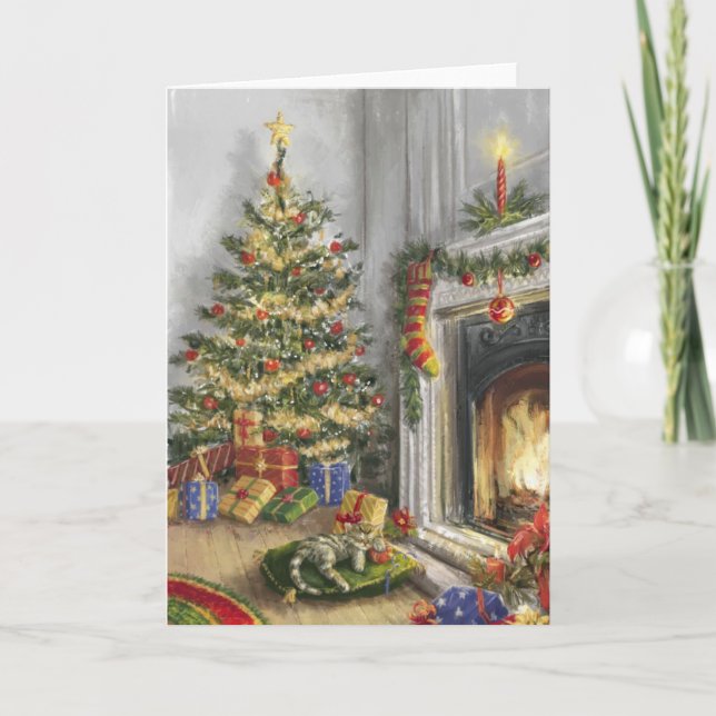 Spipande Kattunge vid julgran Helgkort (Framsida)