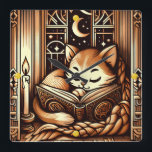 Spipande konst Deco-Stil-katt med Bok Fyrkantig Klocka<br><div class="desc">Okonst deo art stil illustrerar en katt som sover på bok med ljus framför ett fönster med en natt himlar med måne och stjärnor utanför. Färg är en brunhavston.</div>