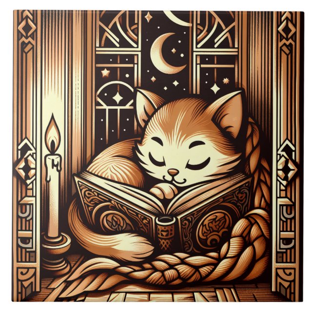 Spipande konst Deco-Stil-katt med Bok Kakelplatta (Framsidan)